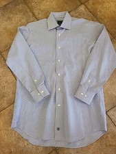 David Donahue Mens Trim Fit Dress Shirt 16 32/33 Blue Check  Cotton