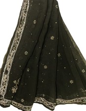 Black Chiffon Dupatta Golden Embroidery, Women Indian Wedding Scarf LD7302