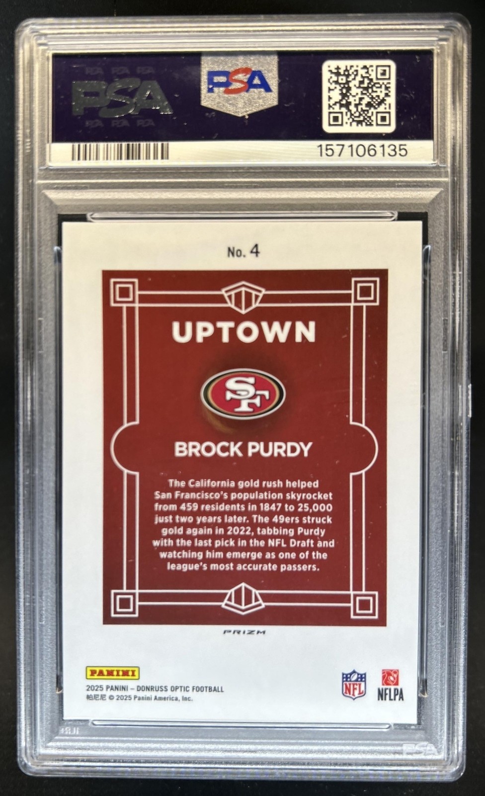 2025 Panini Donruss Optic Brock Purdy Uptown #4 49ers PSA 9 view 2