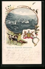 Passepartout-Lithographie Herrenalb /Schwarzwald, Teilansicht vom Ort, Wappen,  