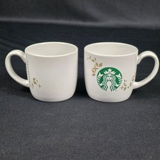 Set of Two Starbucks Mug White 14oz Holiday 2013 Ceramic Green Siren Gold Design