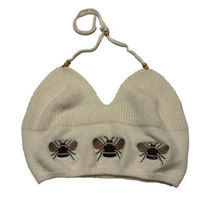 Romwe Halter Top Women 2X White Triangle Crop Embroidered BumbleBee Knit Sweater