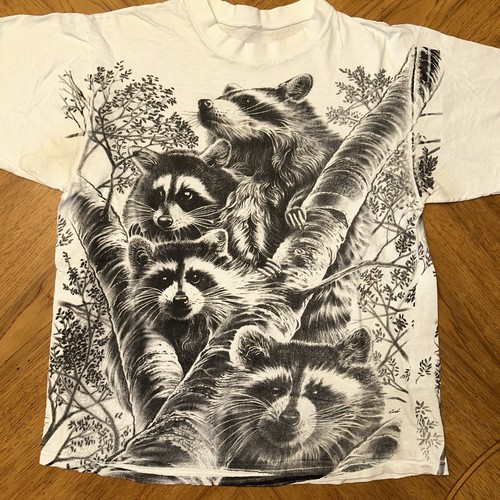 Raccoon T-Shirt Size Medium White AOP All Over Print Nature Tee Forest Family