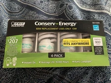 FEIT Electric Conserv Energy 4 Pack 60W Replacement Uses 13W CFL Bulbs NEW