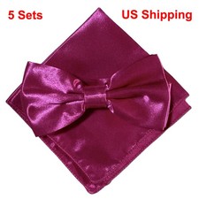 5 Sets Men Hot Pink Satin Bowtie Bow Tie Handkerchief Pocket Square Hanky Set