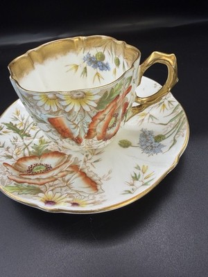 Antike Aynsley Poppy Duo um 1890-1906 handbemalt Teetasse Untertasse England