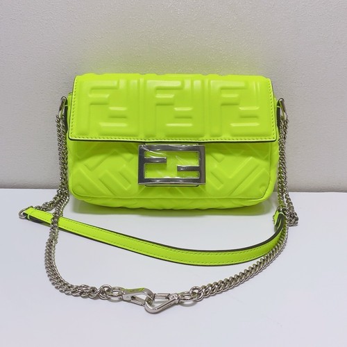 FENDI Baguette Mini Neon Yellow Shoulder Crossbody Bag Nappa Leather Auth