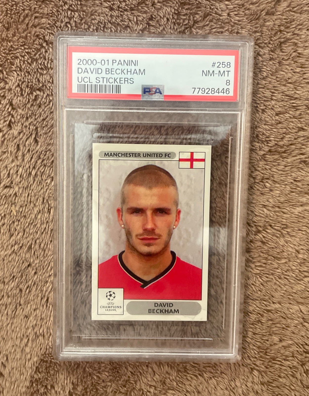 DAVID BECKHAM 2000-01 PANINI UCL STICKERS #258 MANCHESTER UNITED FC PSA 8 RARE