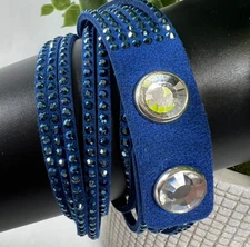 Swarovski Slake Wrap Bracelet Blue Crystal Vegan Suede Double Wrap Sparklecore