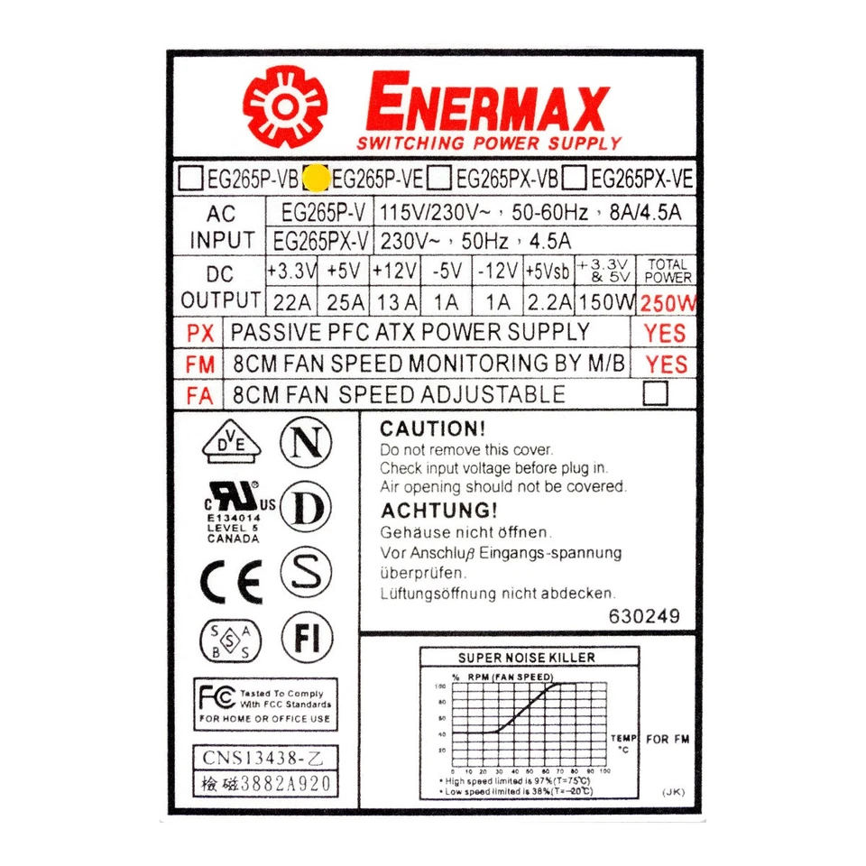 Power Supply Enermax EG265P-VE 250W ATX 20-PIN ATX12V Molex Fdd Aux - Image 3 of 3