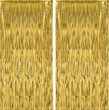 2 Pack Gold Foil Fringe Backdrop Curtains, Tinsel Streamers Birthday Party