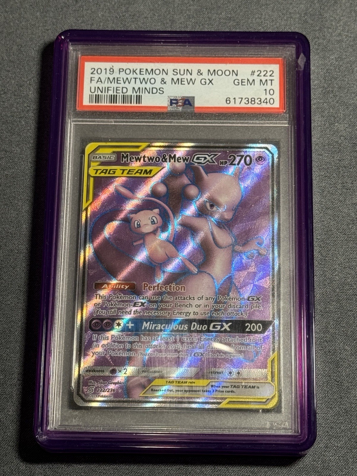 Pokémon TCG Mewtwo & Mew GX Full Art 222/236 Unified Minds PSA 10 WITH GUARD