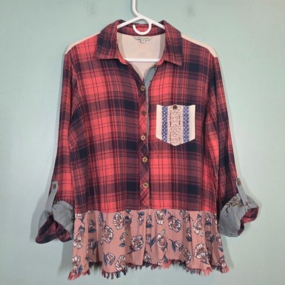 John Mark Red Plaid Floral Embroidered Peplum Button Up Shirt Womens Medium