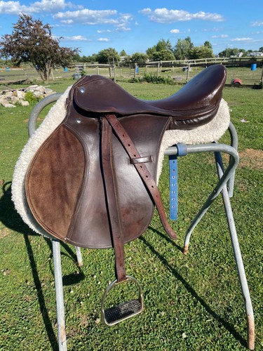 Used 17" Havana brown AP English saddle w/pad, leathers & irons