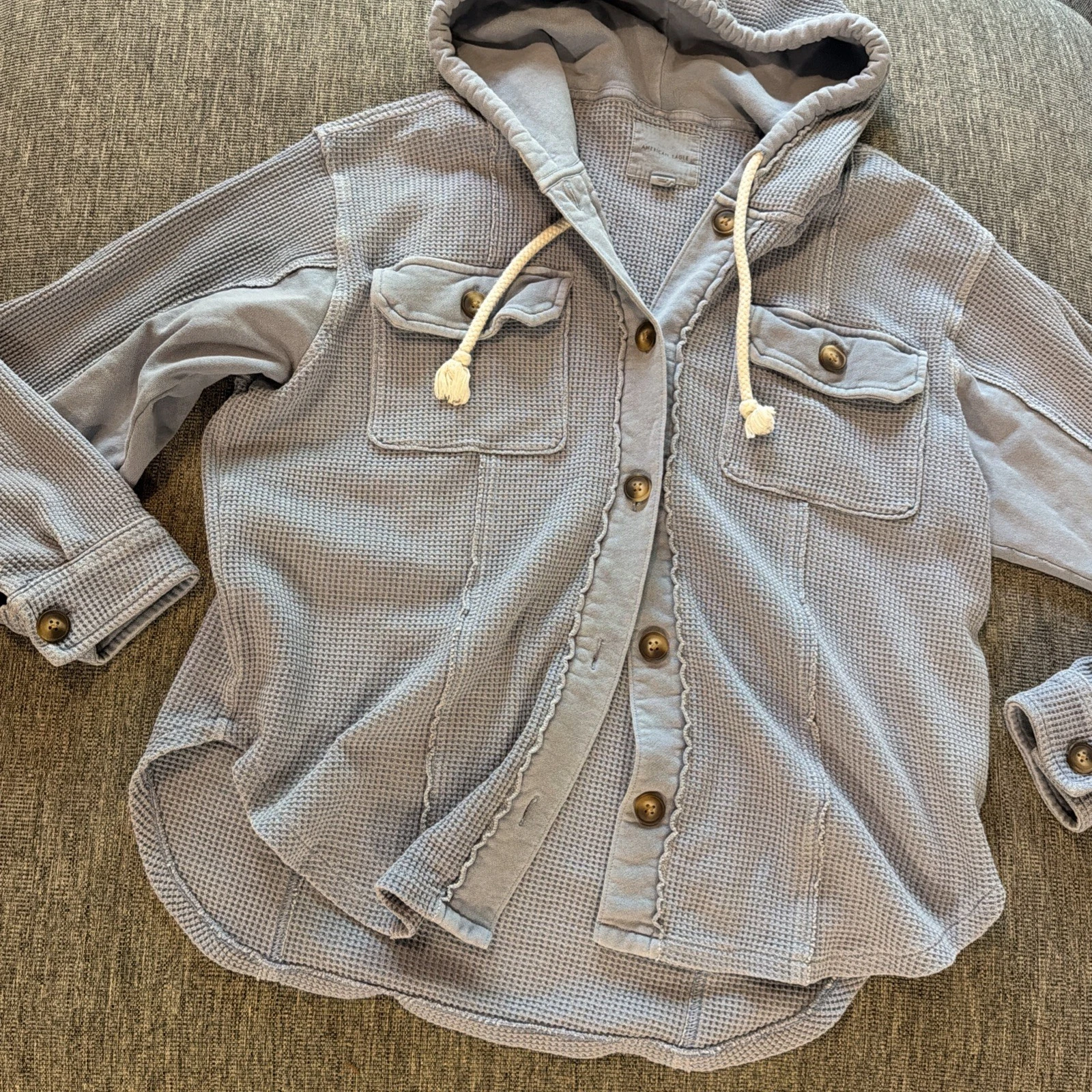American Eagle Womens Light Blue Thermal Button Up Hoodie Sz Medium