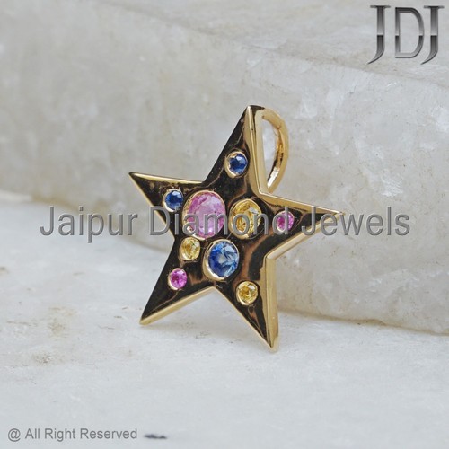 14k Oro Amarillo Macizo Natural Multi Zafiro Gema Estrella Dorada Colgante Charm - Imagen 10 de 14