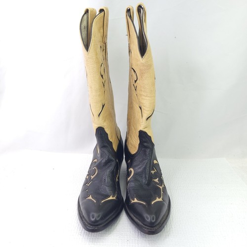 Vintage Tony Lama Western Boots Tank Black Leather Pull On Cowboy Shoes Sz 6.5 M - Picture 2 of 10