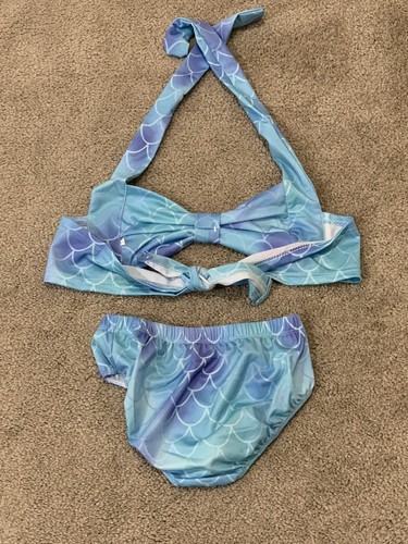 Girls Blue Mermaid Print Bikini 2 Piece SwimSuit Size 9-10 AS150 Halter Tie - Picture 2 of 17