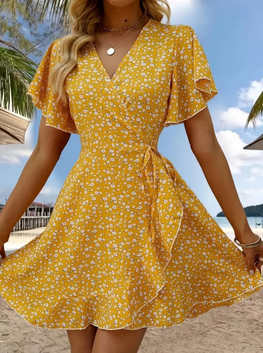 ワンピース CARAMEL / GINGER DRESS vintage floral Women's Ginger Color Floral Print Wrap Short Sleeve V Neck