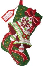 SALE - Poinsettia Bells -Felt Applique Christmas Stocking Kit Bucilla 89595