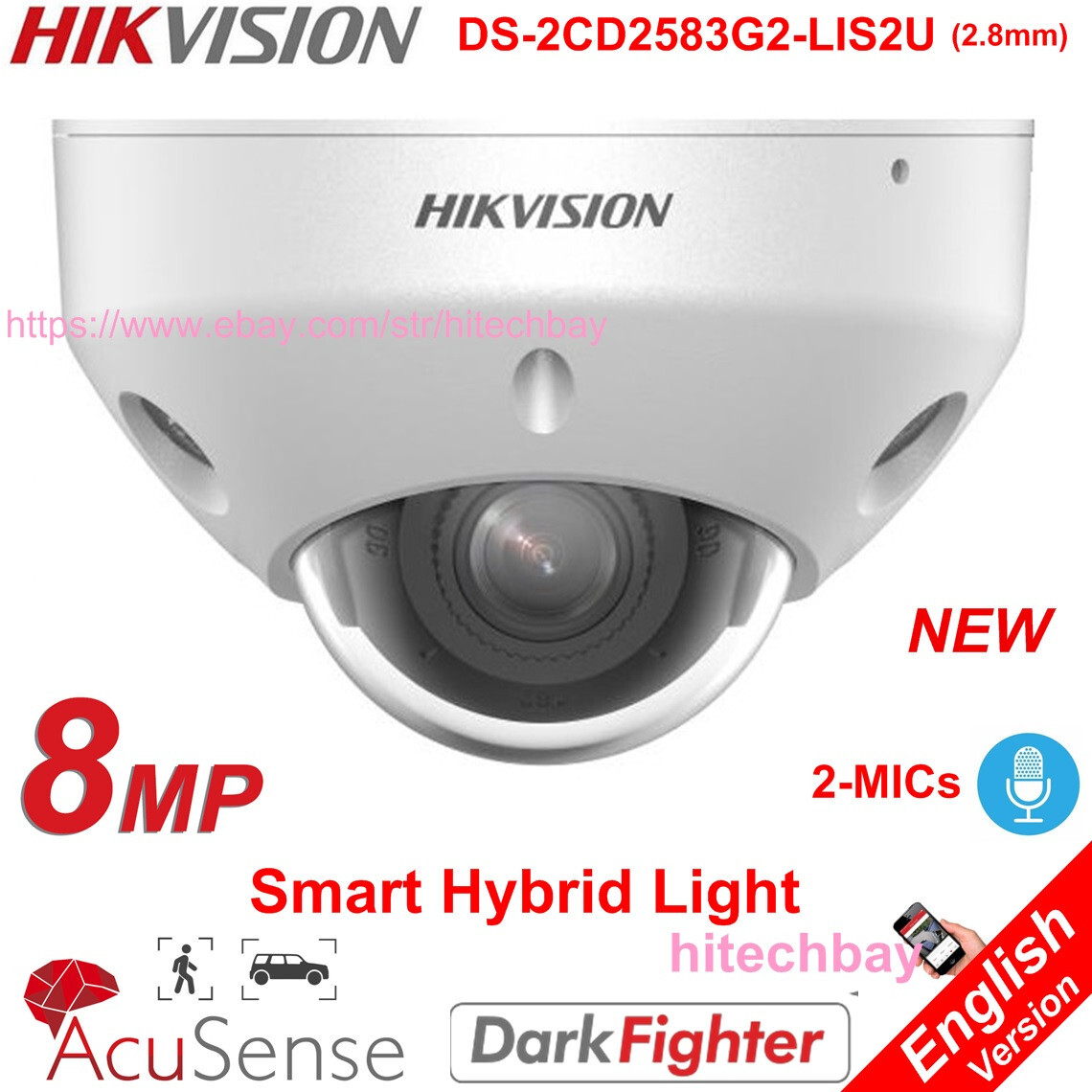 Hikvision 8MP Smart-Hybrid-Light Mic PoE AcuSense IP Camera DS-2CD2583G2-LIS2U