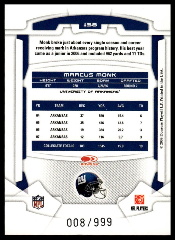 2008 Leaf Rookies & Stars #158 Marcus Monk #/999 - Image 2 of 2