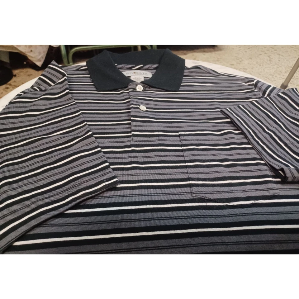 Polo de bolsillo Sun River para hombre nuevo sin etiquetas pequeño manga corta rayas negro blanco gris Foto 3 de 3