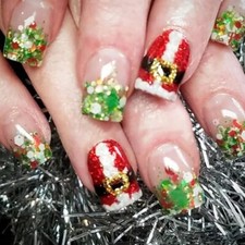 Santa Claus Press on Nails Short Square Fake Nails with Glue Red Christmas 1