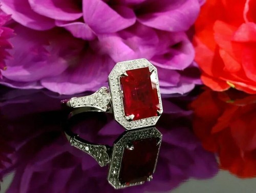 AAA 3.20 Ct Emerald Cut Ruby & Diamond Engagement Ring 14K Solid White Gold - Picture 2 of 9