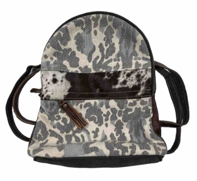 MYRA Womens Hair On Cowhide Canvas Backpack Leather Boho Western Travel Bag