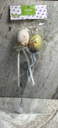 2pc Vintage Style Paper Mache Foam Egg Picks Ornaments Easter Decoration 12” - 第 2/4 張圖片