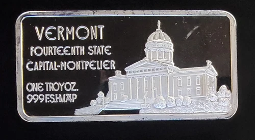 1975 Vermont 14th State Rare Hamilton Mint Bullion-999 Silver 1 Oz Ounce Art Bar
