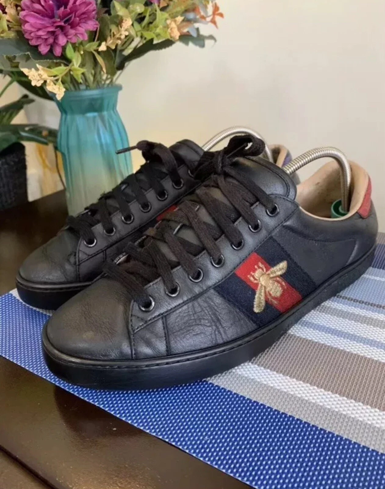 Gucci 429446 Ace « Bee » Baskets Homme Cuir Noir Web Taille US 6,5    UK 6