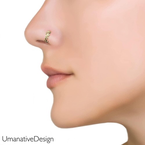 Anello clicker naso foglia oro massiccio 14K, gioielli piercing narici, cerchio naso boho - Foto 2 di 7