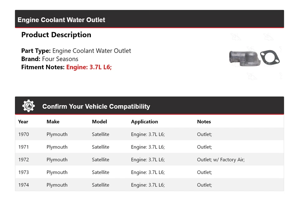 For 1970-1974 Plymouth Satellite 3.7L L6 Engine Coolant Water Outlet 4 Seasons - Image 2 of 4