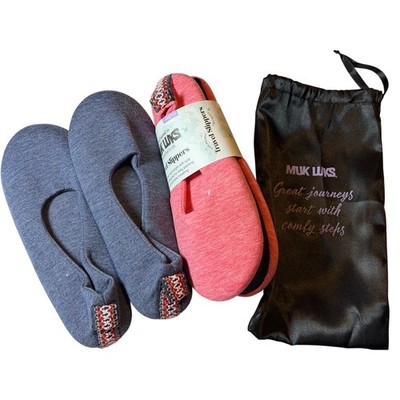 Muk Luks Travel Slippers Set 2 Navy Red Ballerina Soft Sole Large 9-10 Womens