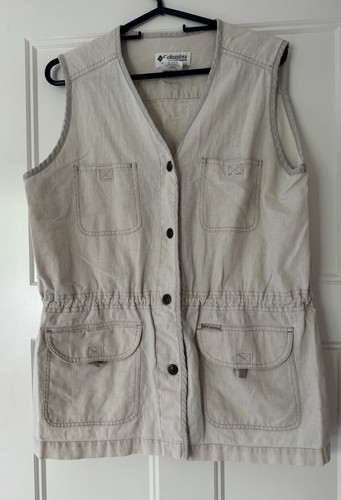Columbia Vest Women Large Beige Snap 4 Pocket Hiking Camping Fishing Linen Blend