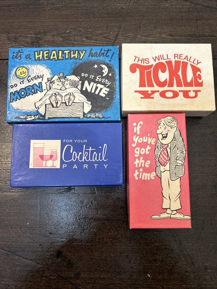 A boxed set of 4 genuine 1960s Spencer's-era adult gag gifts — a mini museum of mid-century lowbrow American novelty humor.