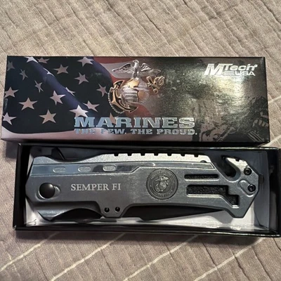MTECH USA USMC Elite Tactical "Semper Fi" Rescue Folding Knife - Grey Tanto M-A1002TP