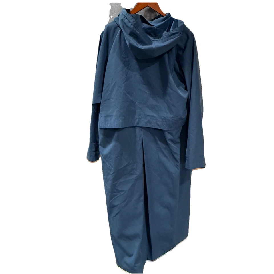 LL Bean Coat Womens XL Teal Blue Hooded Long Raincoat Trench Duster Vintage - Image 3 of 4