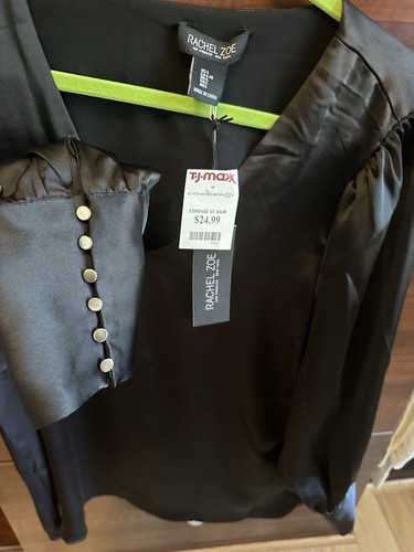 NWT RACHEL ZOE Black Long Sleeve Satin Look V Neck Lined Blouse Top Women Sz L - Bild 2 von 4