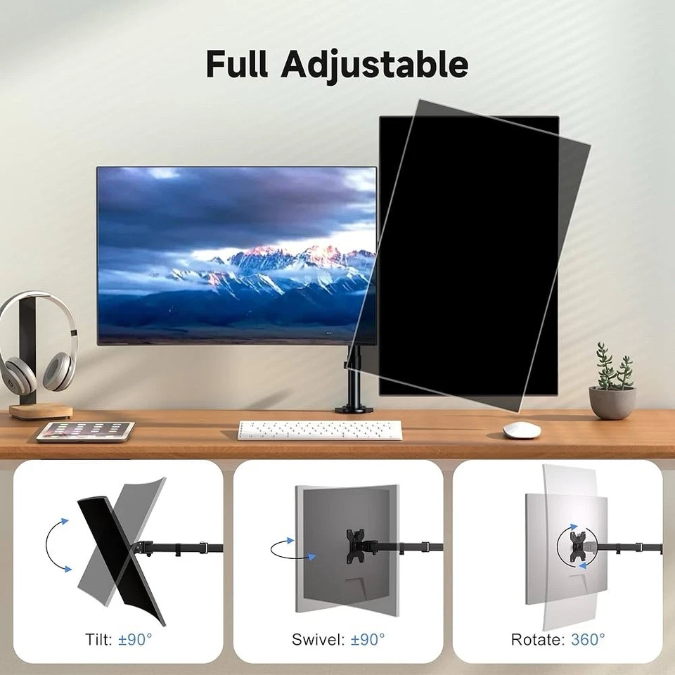 Pholiten Dual Monitor Stand Desk Mount Arm 13-27" Screens Heavy Duty Tilt Swivel - Image 3 of 4