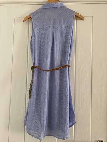 Passport Blue White Striped Stretchy Button Front Shirt Dress with Belt Size M - Picture 2 of 8