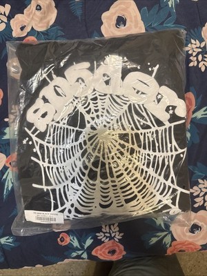 sp5der Black OG web   Hoodie Cotton White Spider Web Graphic Long Sleeve Size L