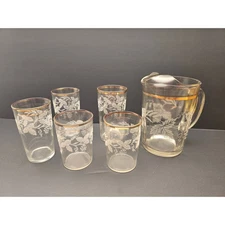 Mid-Century Etched Glass Pitcher & Glasses Set, Gold Trim, Grape Leaf Motif
