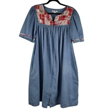 Go Softly Patio House Dress M Chambray Patchwork Midi Zip Up Pockets Cottagecore