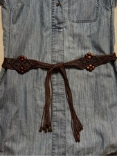 Boho Western Macrame Tie Belt Brown Wooden Bead Fringe Adjustable 58"