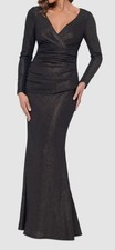 Xscape Women's Black Ruched Metallic Foil-Knit Long-Sleeve Dress Size 12