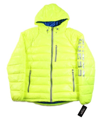 Guess Mens Puffer Jacket Coat XXL Quilted Hooded Insulated Zip Neon Yellow $225 - Picture 5 of 10