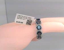 $529- 4.00CT Natural London Blue & White Topaz Halo BAND RING, SS/14K PL -SIZE 7